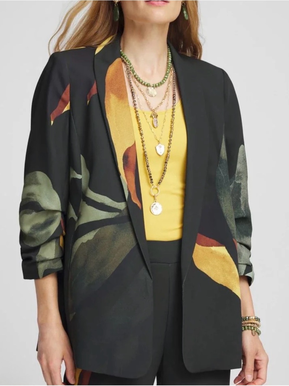 Chico's Garden Grove Primordial Forest Ruched Sleeve Black Blazer